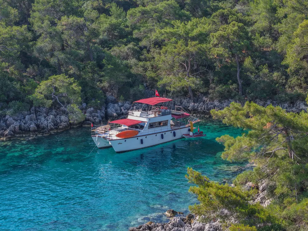 Koyda demirli tekne, havadan